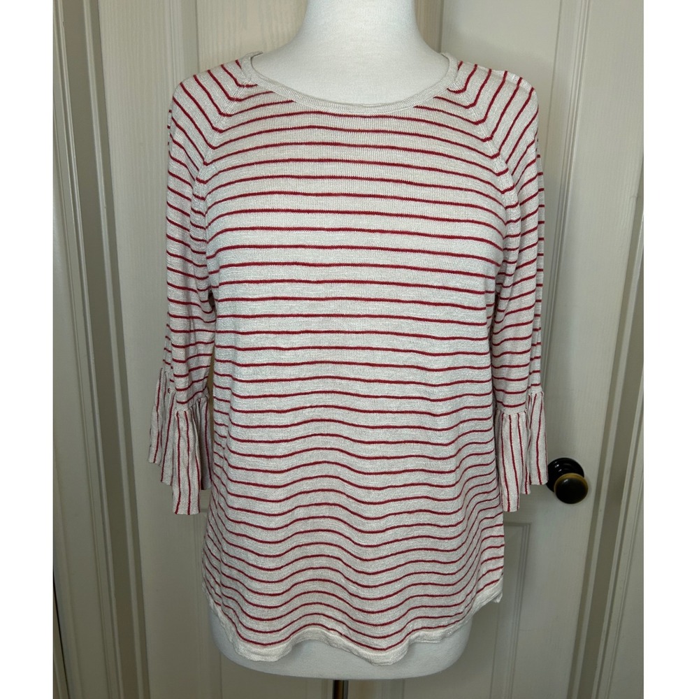 J. Jill Striped‎ Linen Blend Top 3/4 Bell Sleeve Wm's Petite L Coastal Fisherman